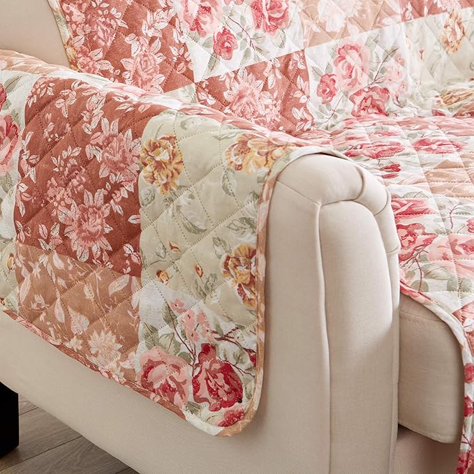 Great Bay Home Reversible Floral Patchwork Furniture Protector Scalloped Edge Stain Resistant Printed Furniture Protector Maribel Collection (Loveseat, Burgundy/Taupe)