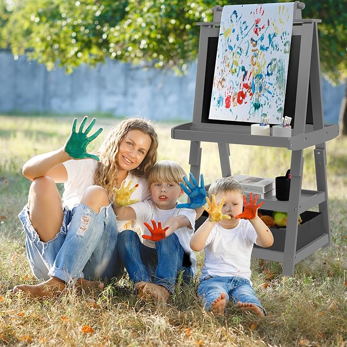 Elevon Art Easel for Kids, Wooden Kids Easel 3 in 1 Adjustable Double Sided, Whiteboard, Chalkboard & Paper Roll, 2-Tier Rack w/ 2 Storage Boxes, Standing Easel for for Painting & Drawing