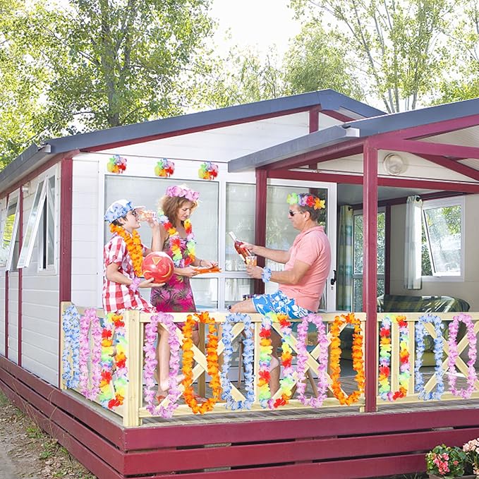 INNOCHEER 40 Pcs Hawaiian Leis, Luau Party Supplies of Elastic Flowers Necklaces, Headbands and Wristbands - Tropical Hawaiian Decorations, Beach Party Decorations, Birthday Party Favors