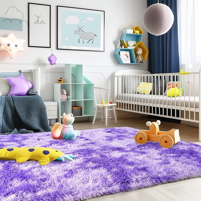 Xexsin Small Rugs for Bedroom, Fuzzy Throw Rug for Living Room Dorm, Soft Fluffy Bedroom Rug, Non Slip Shag Rugs, Modern Indoor Home Decor Aesthetic, 2x3 Feet, Tie-Dyed Purple