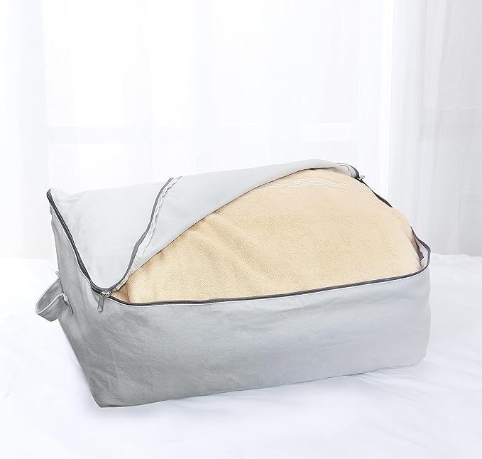 2PCS Durable Cotton Canvas, Soft Space Save Storage Bag Wardrobe Organizer with Handle & Zipper for Beddings, Comforters, Pillows, Blankets, Clothes, 25.6×18.5×8.7inch, Light Gray