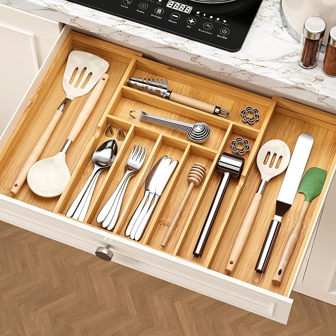 BAMEOS drawer organizer flatware organizer cutlery tray silverware organizer expandable adjustable bamboo drawer organizer kitchen bathroom