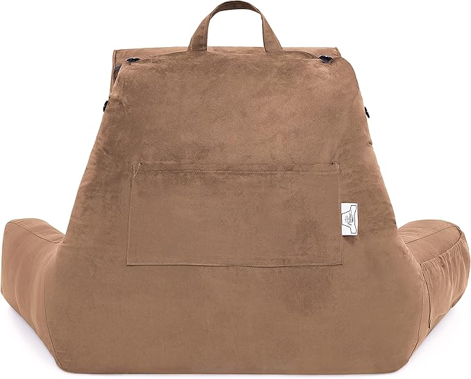 Husband Pillow XXL Aspen Edition, Adult Reading Sit Up Bed Rest Pillow for Bed with Arms & Neck Roll on Bungee Cord - Premium Memory Foam - Reversible 2 Sided Cover Micro Suede or Plush, Saddle Brown