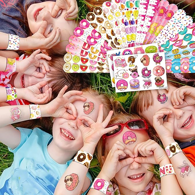 48PCS Donut Party Favors - 24PCS Tattoos & 24PCS Slap Bracelets - Birthday Supplies, Decorations, Gifts, Classroom Prizes, Carnival Rewards, Christmas Treats for Boys & Girls
