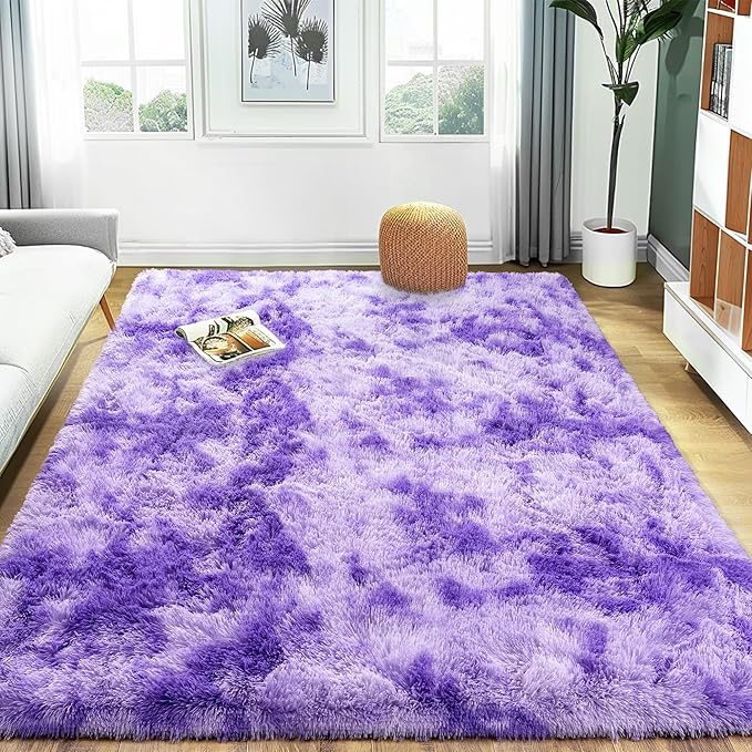 Xexsin Ultra Fluffy Area Rugs for Living Room Bedroom, 6x9 Fuzzy Large Living Room Rugs, Thick Shag Rug for Dorm, Soft Non Slip Kids Girls Boys Rug for Home Decor Aesthetic, Tie-Dyed Purple