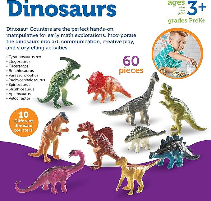 Learning Resources Dinosaur Counters, Set of 60 Colored Dinosaurs, Fine Motor Toy, Ages 3+, multi-color
