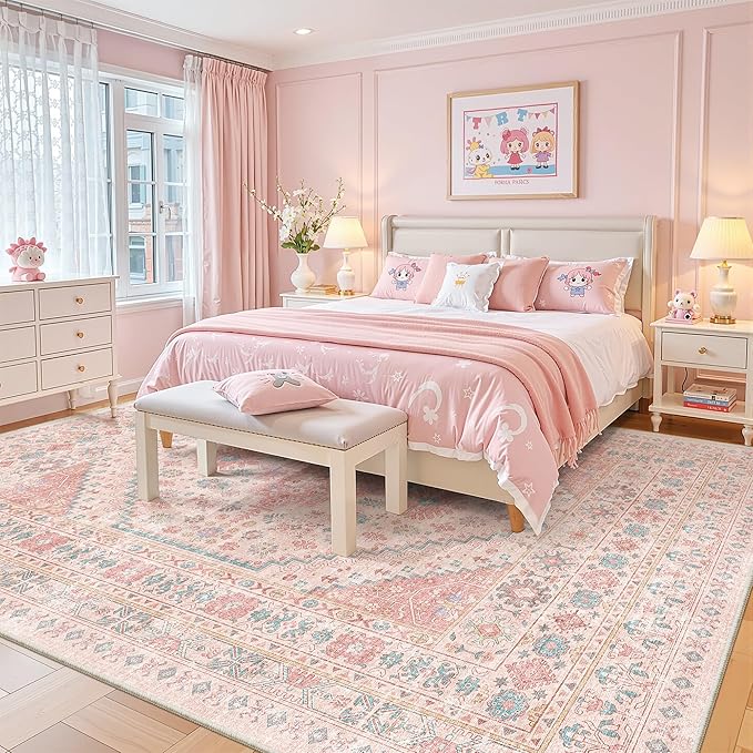 zesthome 9x12 Area Rugs for Girls Bedroom, Low Pile Machine Washable Rugs, Vintage Large Pink Rugs, Stain Resistant Nursery Room Rug, Baby Crawling Rug (Pink/Blue,9'x12')