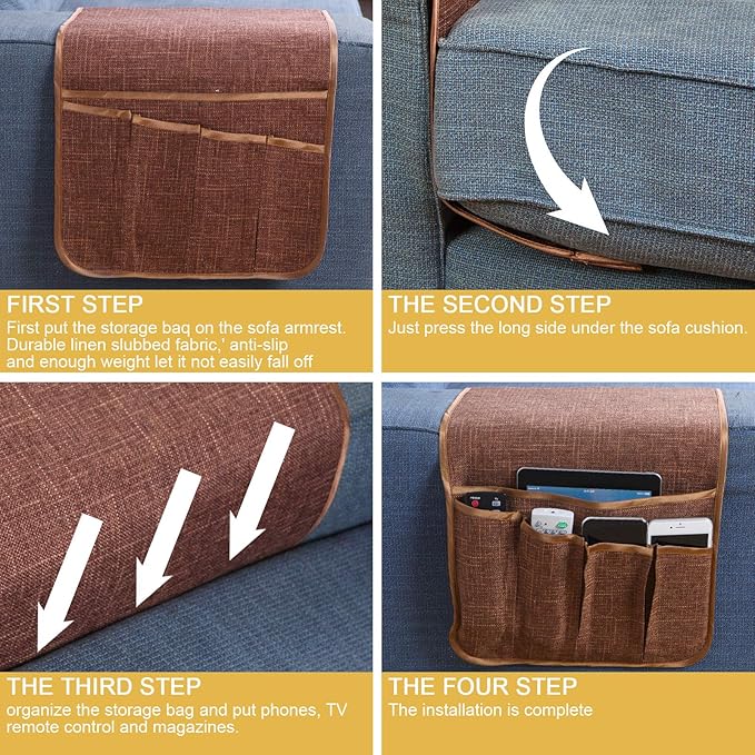 Sofa Armrest Organizer,Non-Slip Remote Control Holders for Recliner Couch,Chair Armchair Caddy with 5 Pockets for Table,Cell Phone,Ipad,Magazines,Books (13x35In, Coffee)