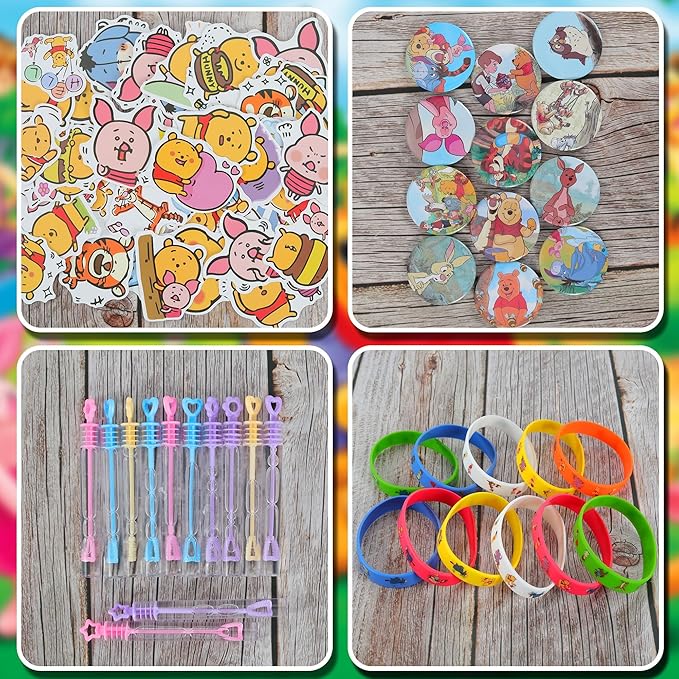124PCS Bear Baby Shower Party Favor Supplies, Themed Birthday Decorations Including 12 Bracelets, 12 Keychains, 12 Button Pins, 50 Stickers, 14 Stampers, 12 Bubble Wands and Stickers, Yellow