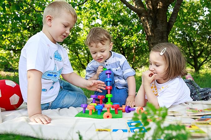 Toddler Peg Board Sensory Toys/Montessori Toys for Toddlers/Fine Motor Skills Toys/Educational Toys / 30 Pieces Stackable Pegs + Pattern Card + Drawstring Backpack + E-Book
