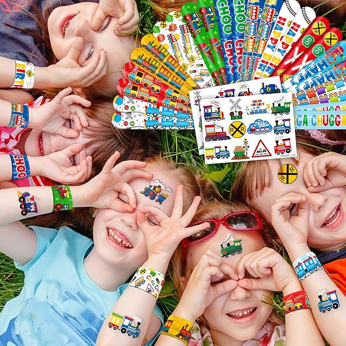 48PCS Train Party Favors - 24PCS Tattoos & 24PCS Slap Bracelets - Train-Themed Birthday Supplies, Decorations, Classroom Prizes, Carnival Rewards, Gifts for Boys & Girls
