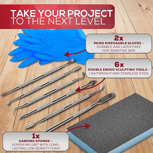 Milliput Epoxy Putty 10 Piece Set, Standard Color - with Sculpting Tools, Sanding Pad and Gloves - Air Dry Moldable Plastic Plumbers Clay - Ceramic Tile, Marble, and Quartz Countertop Chip Repair Kit