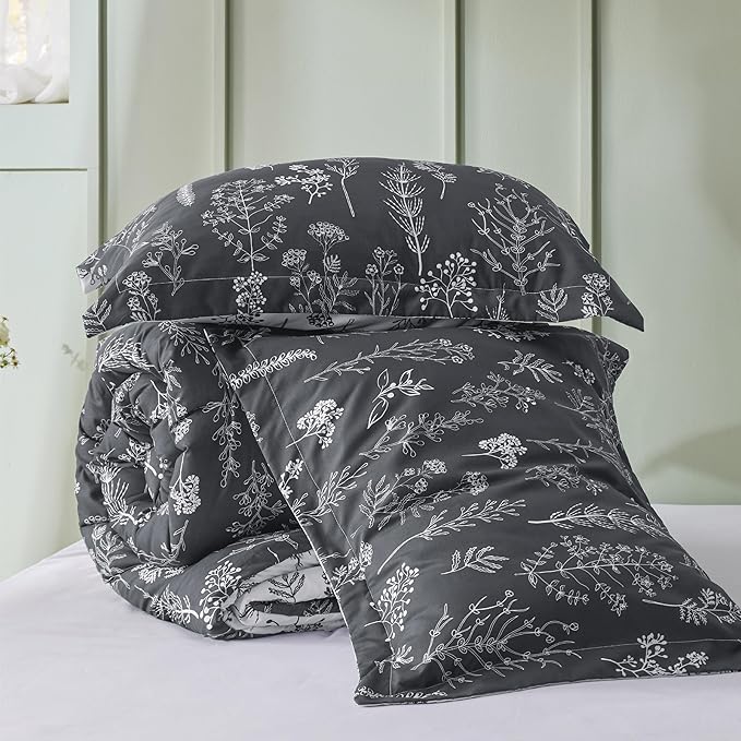 Bedsure King Comforter Set - Dark Grey Bed Set, 3 Pieces Cute Floral Bedding, 1 Soft Reversible Botanical Flowers Comforter and 2 Pillow Shams