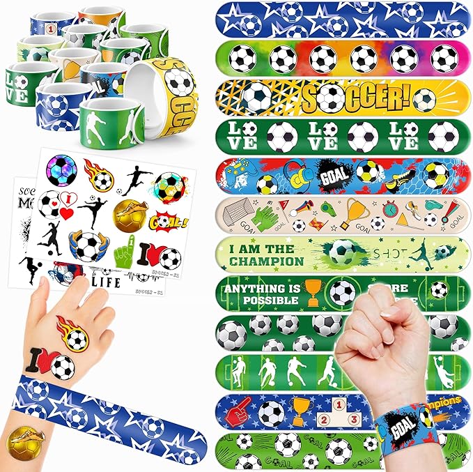 48PCS Soccer Party Favors - 24PCS Tattoos & 24PCS Slap Bracelets - Football-Themed Birthday Supplies, World Cup Decorations, Classroom Prizes, Gifts for Boys & Girls