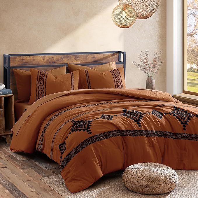 MaiRêve Embroidery Comforter Set, Boho Farmhouse Western Bedding Set, All Season Bed in A Bag Comforter Set with Sheets, Pillowcases & Shams, Burnt Orange Oversized Queen 7 Pieces