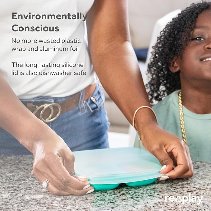 Re-Play Made in USA 7" Deep Walled Divided Plates for Kids, Set of 3 With 3 Lids - Reusable 3 Compartment Plates, Dishwasher and Microwave Safe - 7.37" x 7.37" x 1.25", Aqua Asst