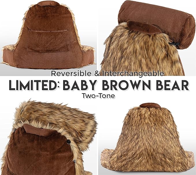 Husband Pillow Medium Limited Baby Brown Bear Fabulous Faux Fur Backrest, 2-Tone Reversible Double Sided Reading & Bed Rest Pillow with Arms & Neck Roll, Adjustable Memory Foam - Extremely Comfy