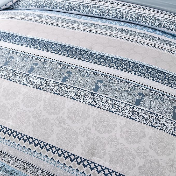 Cottolester Boho Comforter Set King Size Light Blue Comforter Set 8 Piece Bed in a Bag Striped Paisley Bedding Sets