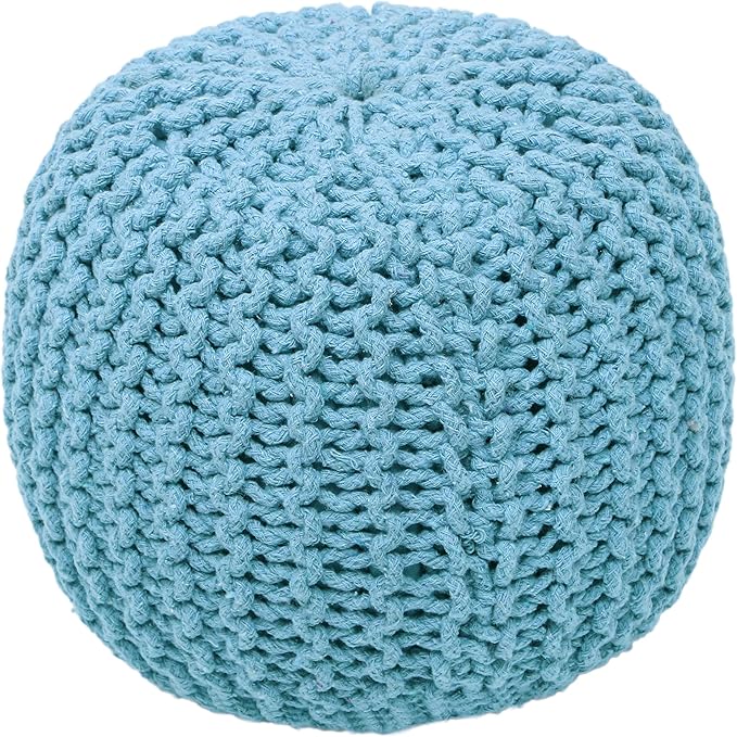 The Home Talk Ottoman Floor Poufs for Living Room Hand Knitted Foot Rest Comfortable Pouffe 100% Cotton Braid Cord Bean Bag for Armchair, Bedroom, DĂŠcor, 18"x18"x14", Turquoise