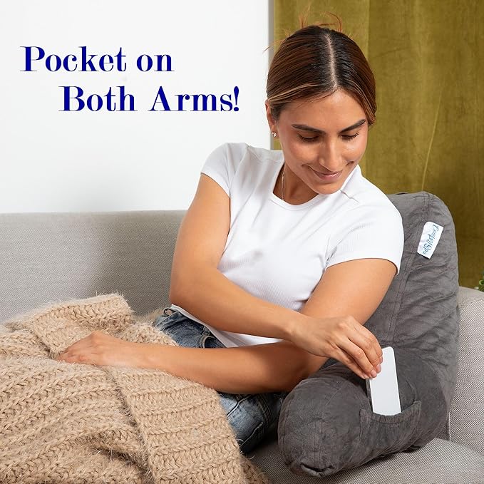 ComfortSpa Reading Pillow for Kids Teens Adult, Back Rest Pillow with Arms, Pockets, Washable Cover; Use as a Back Pillow for Bed Sitting Up for Bedrest or Relief from GERD Heartburn (Standard Grey)