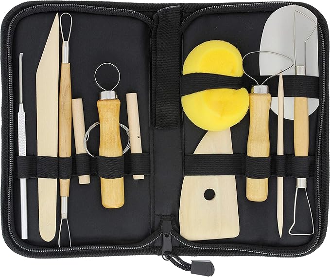 US Art Supply 12-Piece Pottery and Clay and Sculpting Tools Set with Canvas Zippered Case