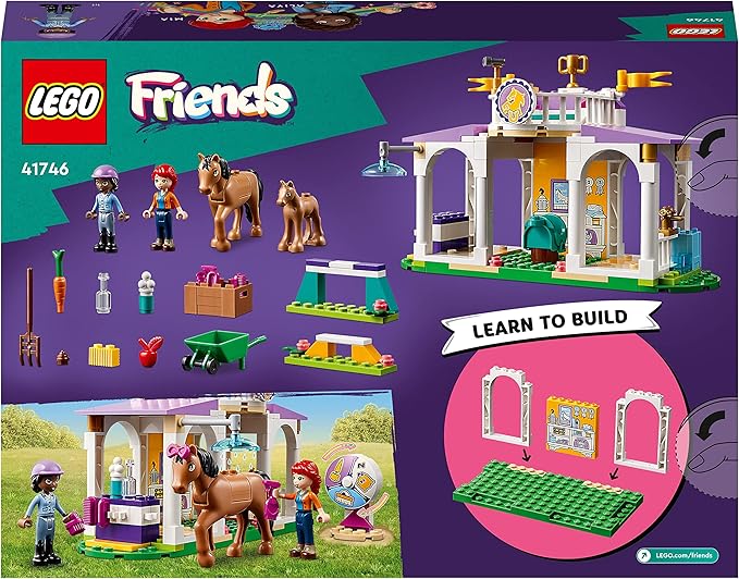 LEGO Friends Riding School Set with 2 Toy Horses, Aliya and Mia Mini Dolls, Riding Stable and Horse Toy, Animal Care Gift for Children, Girls and Boys from 4 Years 41746