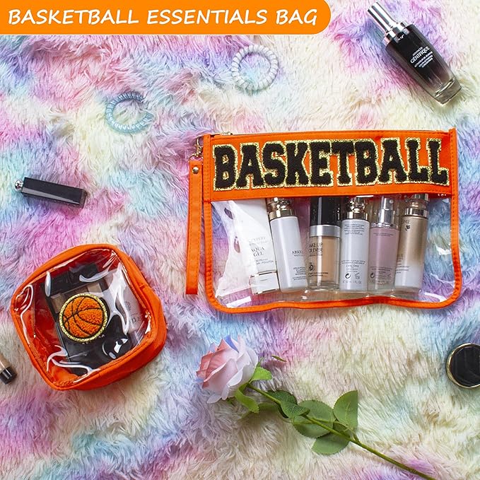 BuyCard 2 Pcs Basketball Gifts Makeup Bag with Chenille Letter Patch, Clear Cosmetic Pouch PVC Organizer Purse, Waterproof Travel Bag, Portable Toiletry Storage Bag for Her Girls Friends Women