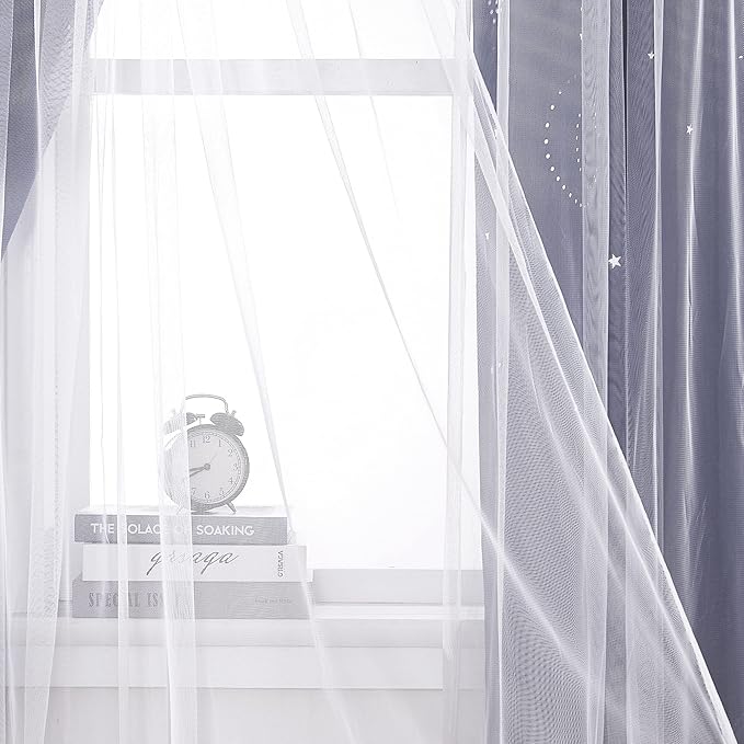 NICETOWN Kids Curtains, Navy Romantic Moon and Stars Double Layer Curtains Blackout Grommet Drapes for Kids Teenagers Bedroom Small Window for Thanksgiving, 2PCs, 52 inches Wide x 63 inches Long