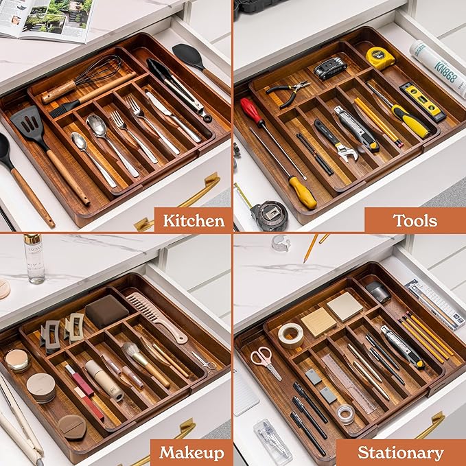 SMIRLY Silverware Drawer Organizer – Bamboo Kitchen Drawer Organizer, Adjustable Utensil Holder and Cutlery Tray, Drawer Dividers for Flatware and Kitchen Utensils