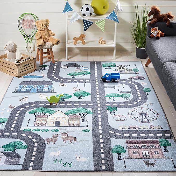 SAFAVIEH Kids Playhouse Collection Accent Rug - 4'4" x 6', Blue & Dark Grey, Non-Shedding Machine Washable & Slip Resistant Ideal for High Traffic Areas for Boys & Girls in Playroom (KPH235M)