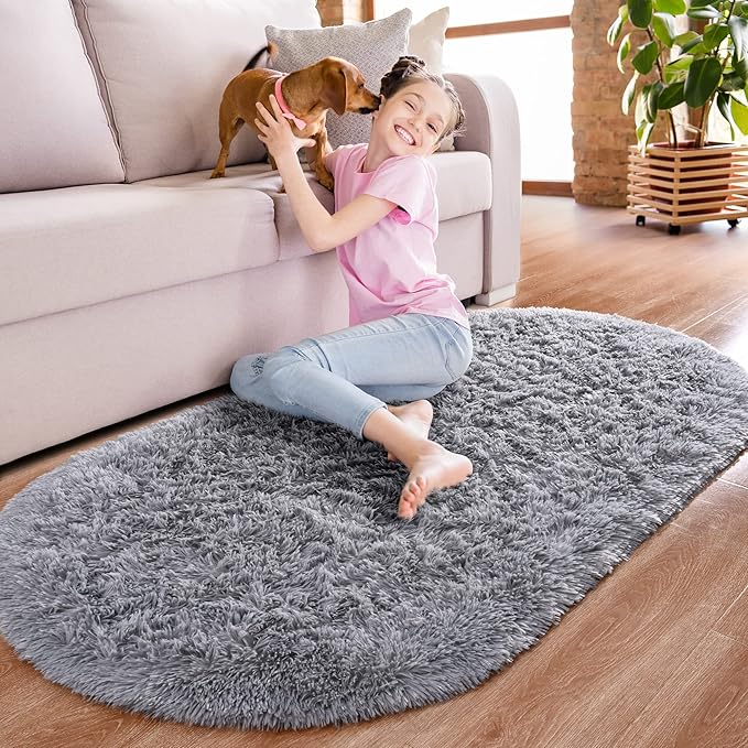 Noahas Fluffy Grey Rugs for Bedroom Living Room,2.6'X5.3' Oval Throw Rug for Kids Room,Shag Hallway Runner Rug,Small Soft Shaggy Bedside Non-Slip Plush Nursery Dorm Carpet Home Decor Aesthetic