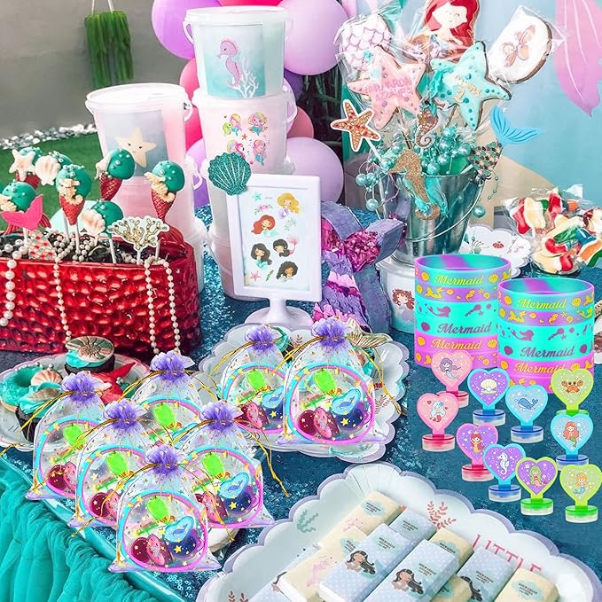 90 PCS Mermaid Party Favors for Girls Mermaid Birthday Supplies Bracelets Stampers Necklaces Rings Keychains Tattoo Stickers Post-it Notes Goodie Bags for Mermaid Birthday Party Supplies (Mermaid)