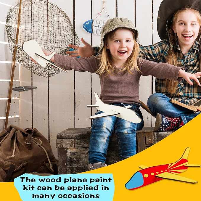 Feradny 24 Pack Unfinished Wooden Airplane Model Toys DIY Model Planes Wood Plane kit Handcraft Plane to Paint for Kids School Art Activity Birthday Carnival Party (Color Style 3)…