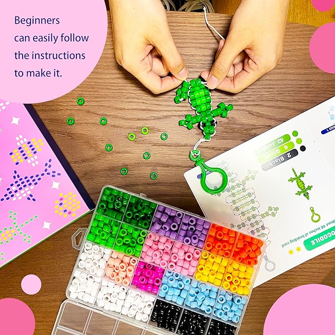 LORHAKI Bead Pets Kit, Art Craft Gift for Kids, Bead Animals Keychain Kit, Bead Art Craft Set for Beginners with Instructions, Pony Beads for Keychain Making Kit, DIY Jewelry Making Kit for Girls