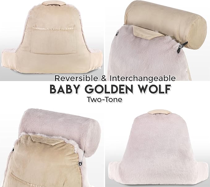 Husband Pillow Medium Baby Golden Wolf Fabulous Faux Fur Backrest, Two-Tone Reversible Double Sided Reading & Bed Rest Pillow with Arms & Neck Roll, Adjustable Memory Foam - Sit Up Extremely Comfy