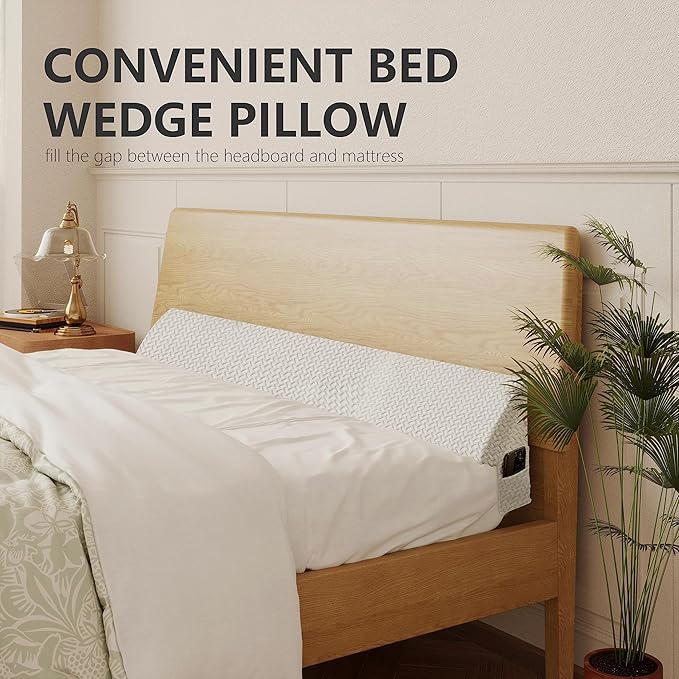 Bed Wedge Pillow for Headboard Gap Bed Mattress Gap Filler (0-8") Between Headboard/Wall and Mattress White Full Size Foam Support Triangle Bloster Pillow Stoppers with 2 Pockets