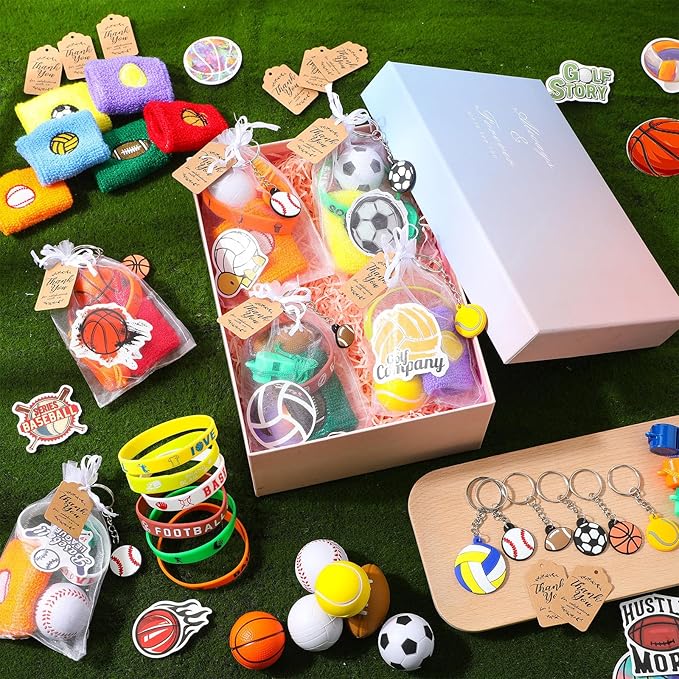 Junkin 176 Pcs Sport Party Favors Sport Party Goodie Bag Fillers Small Sports Balls Sport Wristband Keychains Stickers Bracelet Whistle for Sports Themed Birthday Party Supplies Decoration (Classic)