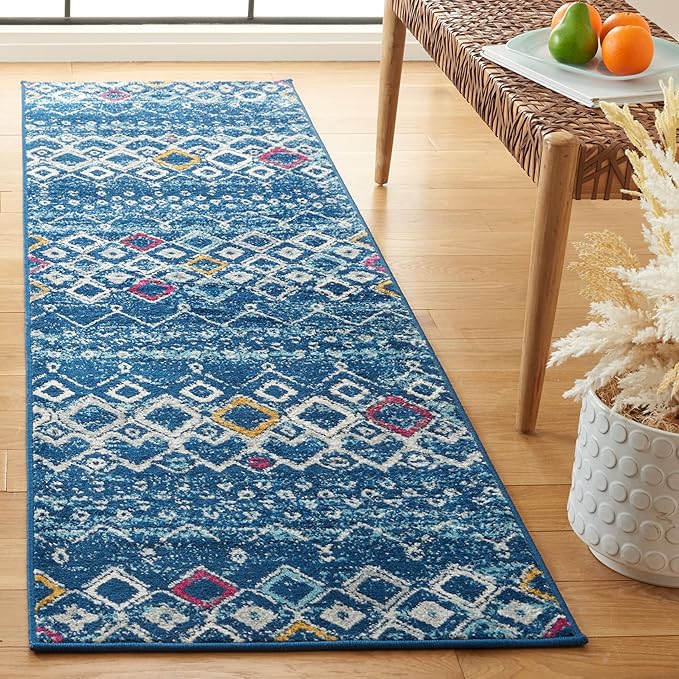 SAFAVIEH Amsterdam Collection Runner Rug - 2'3" x 14', Navy & Turquoise, Moroccan Boho Design, Non-Shedding & Easy Care, Ideal for High Traffic Areas in Living Room, Bedroom (AMS108M)