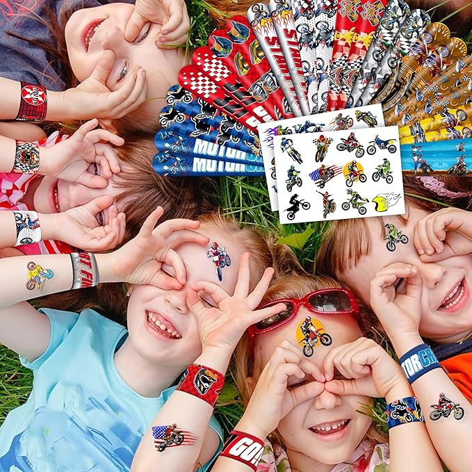 48PCS Dirt Bike Party Favors - 24PCS Tattoos & 24PCS Slap Bracelets, Motocross Bike Pattern, Ideal for Themed Birthday Parties, School Prizes, and Classroom Gift Exchange for Kids