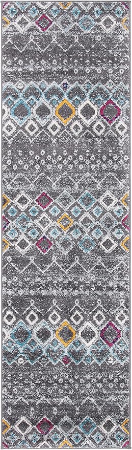 SAFAVIEH Amsterdam Collection Runner Rug - 2'3" x 12', Dark Grey & Ivory, Moroccan Boho Design, Non-Shedding & Easy Care, Ideal for High Traffic Areas in Living Room, Bedroom (AMS108H)