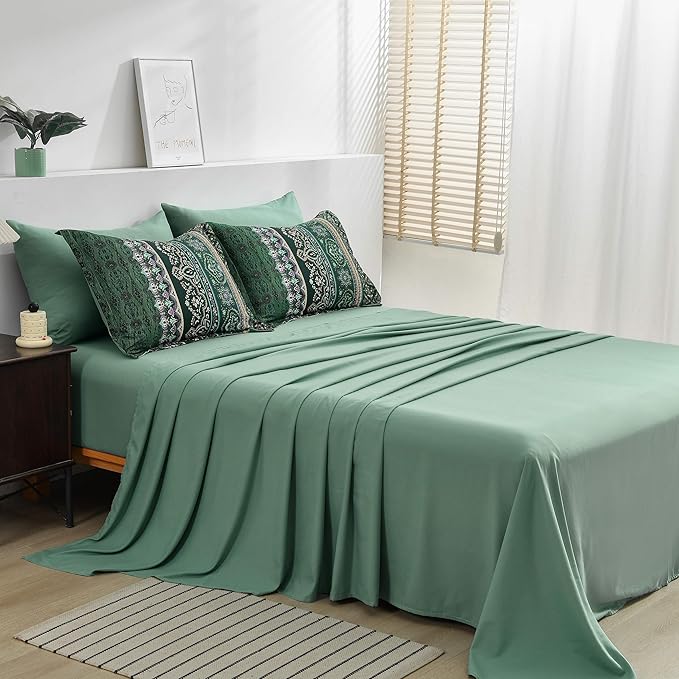 Boho Green Comforter Set Full Size,8 Piece Bed in a Bag Bohemian Striped Bedding Quilt Set,Dark Green Paisley Floral Comforter and Sheet Set,Soft Microfiber Complete Bedding Sets for All Season