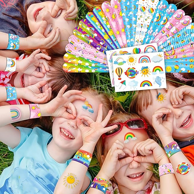 48PCS Rainbow Party Favors - 24PCS Tattoos & 24PCS Slap Bracelets - Unicorn & Rainbow Birthday Supplies, Magical Baby Shower Decorations, Classroom Prizes, Gifts for Girls