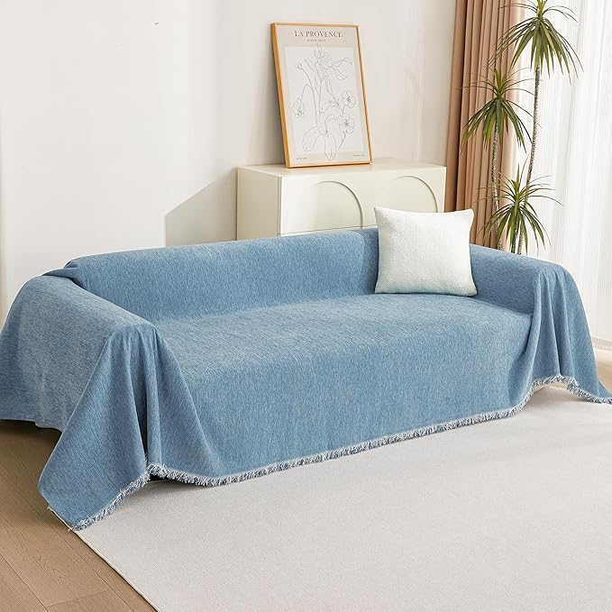 MYSKY HOME Sectional Couch Cover Blanket Living Room Furniture Protector for Pets, Farmhouse Home Decor Sofa Covers Tassel Chenielle Sofa Slipcover Soft Throw Couch for Dogs, 71" X 150", Blue