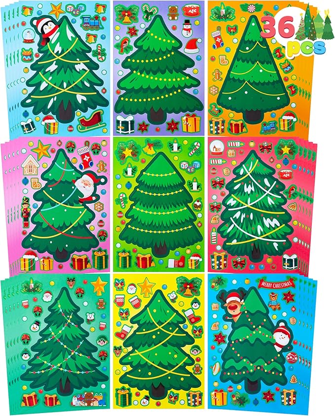 JOYIN 36 Pcs Christmas Tree Stickers Make Your Own Xmas Stocking Stuffers, Holiday Presents, Green Stickers for Kids Party Favor, Art Craft Supplies, Classroom Activities Game