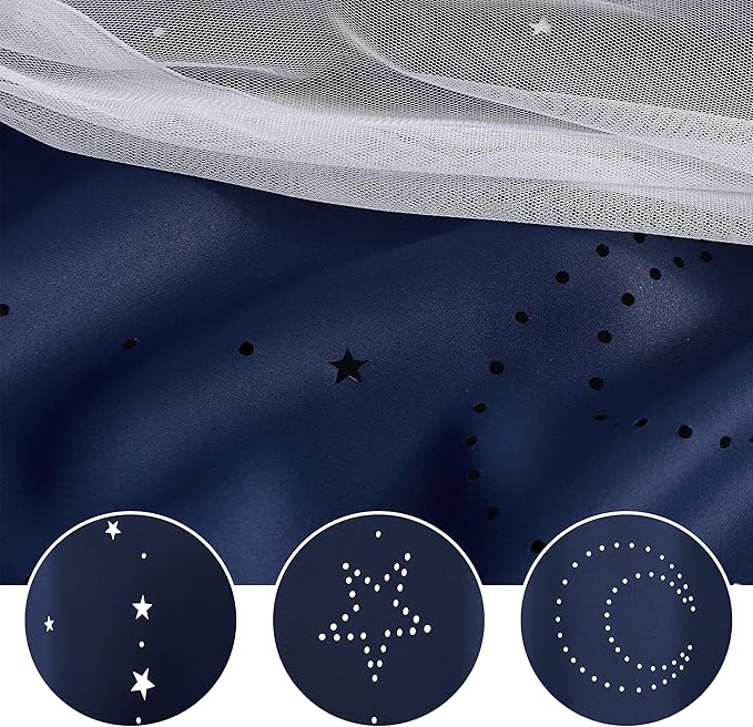 NICETOWN Kids Curtains, Navy Romantic Moon and Stars Double Layer Curtains Blackout Grommet Drapes for Kids Teenagers Bedroom Small Window for Thanksgiving, 2PCs, 52 inches Wide x 63 inches Long
