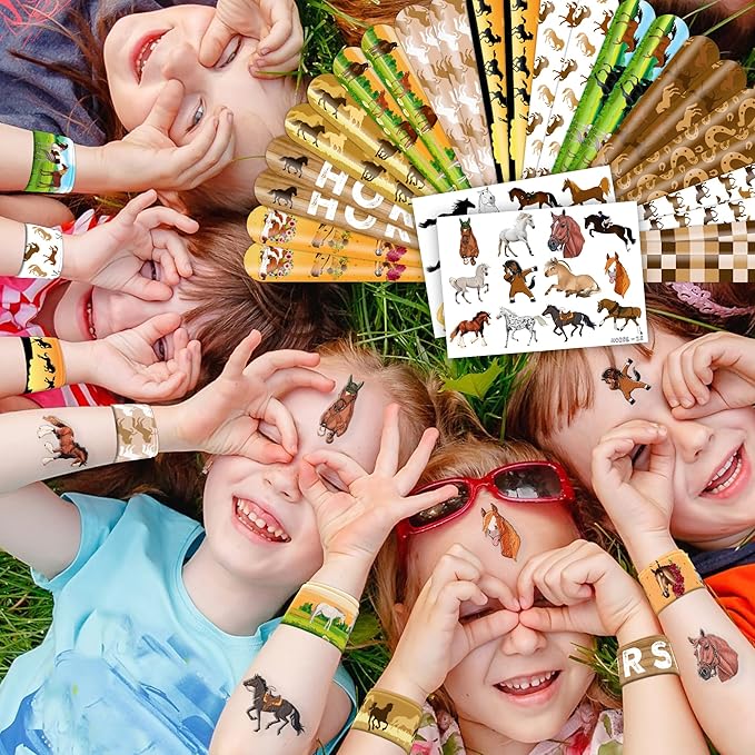 48PCS Horse Party Favors - 24 Tattoos & 24 Slap Bracelets, Perfect for Horse-Themed Birthdays, School Prizes, and Christmas Rewards for Kids