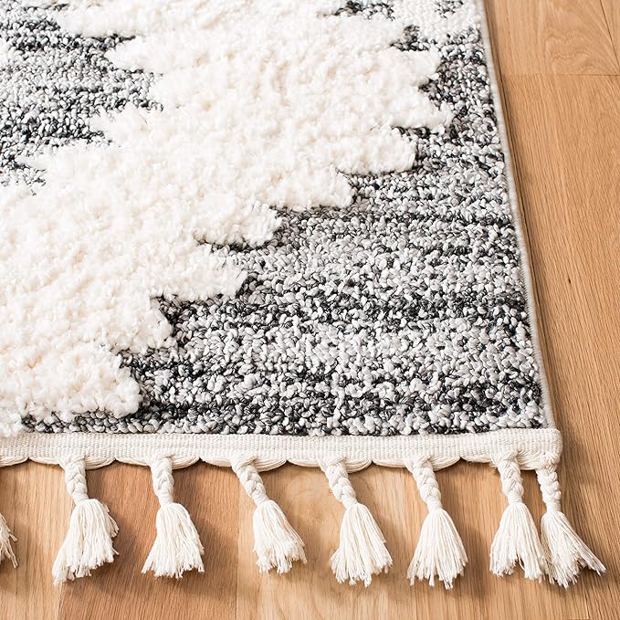 SAFAVIEH Moroccan Tassel Shag Collection Runner Rug - 2'3" x 18', Ivory & Grey, Boho Design, Non-Shedding & Easy Care, 2-inch Thick Ideal for High Traffic Areas in Living Room, Bedroom (MTS652F)