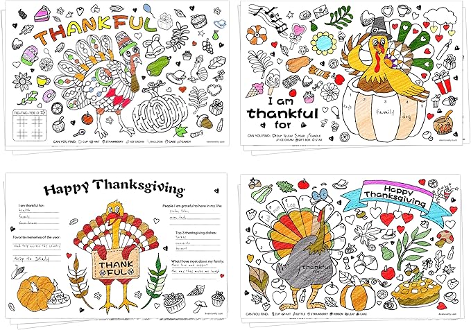 4E's Novelty Thanksgiving Placemat Activity Kids Coloring Placemats for Kids & Adults, 11x17 Paper Disposable Placemats Crafts Bulk, 12 Pack, Thankful Activities for Family Dinner Table