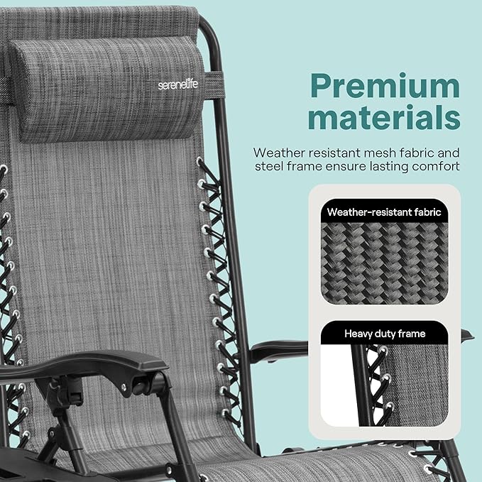 SereneLife Outdoor Zero Gravity Lounge Chair Set with Table – 2 Adjustable Recliners with Cup Holders, Headrest, Steel Frame & Foldable Design for Patio, Pool, Garden, or Camping