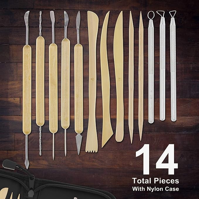 US Art Supply 14-Piece Pottery, Clay Sculpture & Ceramics Tool Set with Canvas Zippered Case